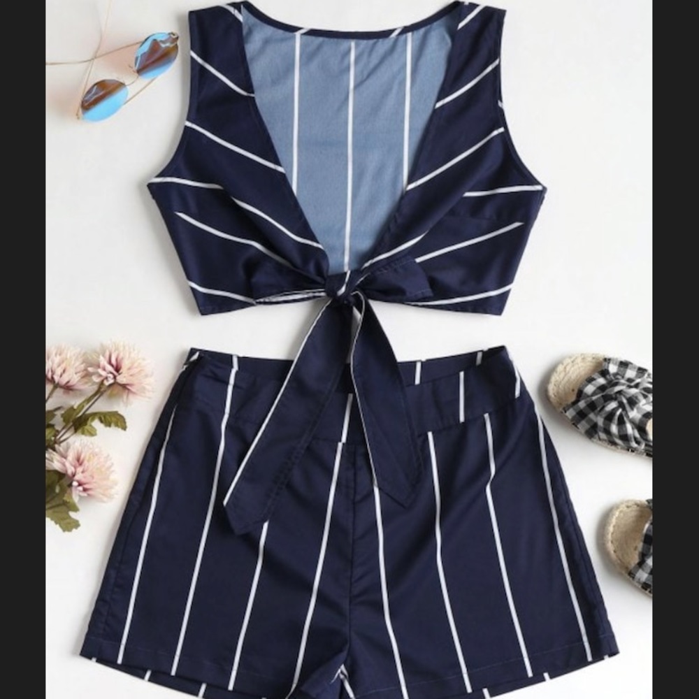 Striped tie front top and shorts set
